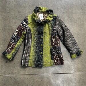 Whimsygoth Fairy Green Brown Women's Medium Floral Print Button Up Jacket